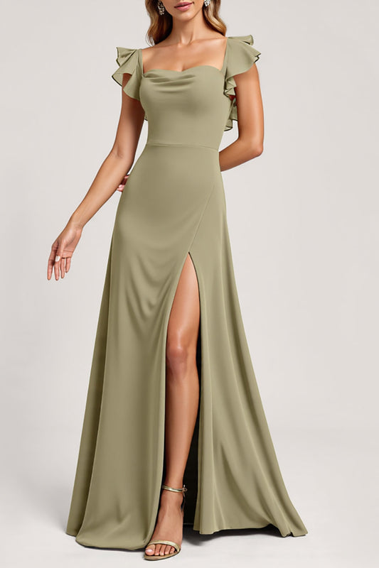 Olive Ruffled A Line Long Square Neck Bridesmaid Dress with Slit