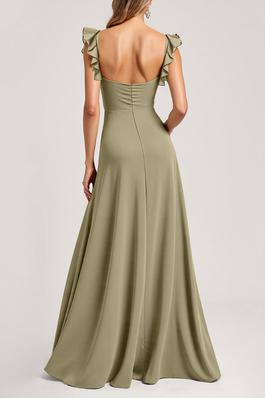 Olive Ruffled A Line Long Square Neck Bridesmaid Dress with Slit