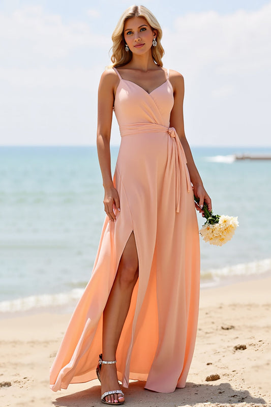 Sunset Spaghetti Straps Long Chiffon Bridesmaid Dress with Slit