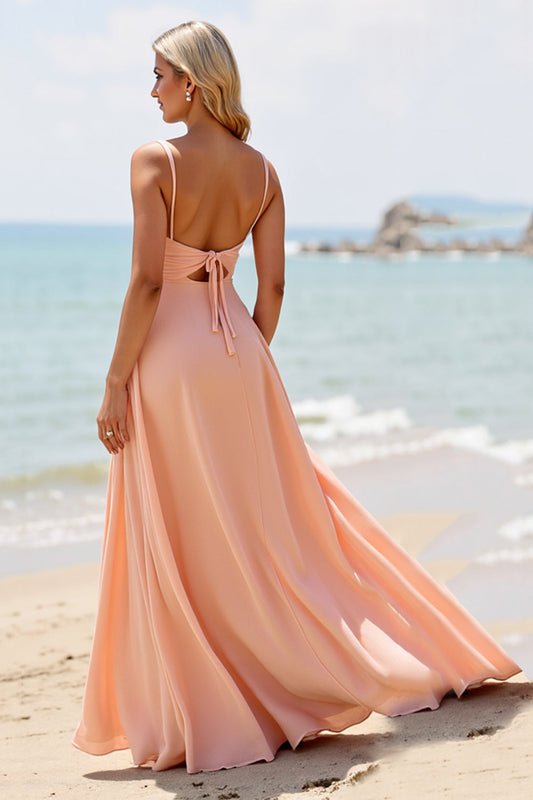 Sunset Spaghetti Straps Long Chiffon Bridesmaid Dress with Slit