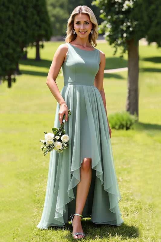 Sage Green Chiffon A Line High-Low Scoop Neck Bridesmaid Dress with Ruffles