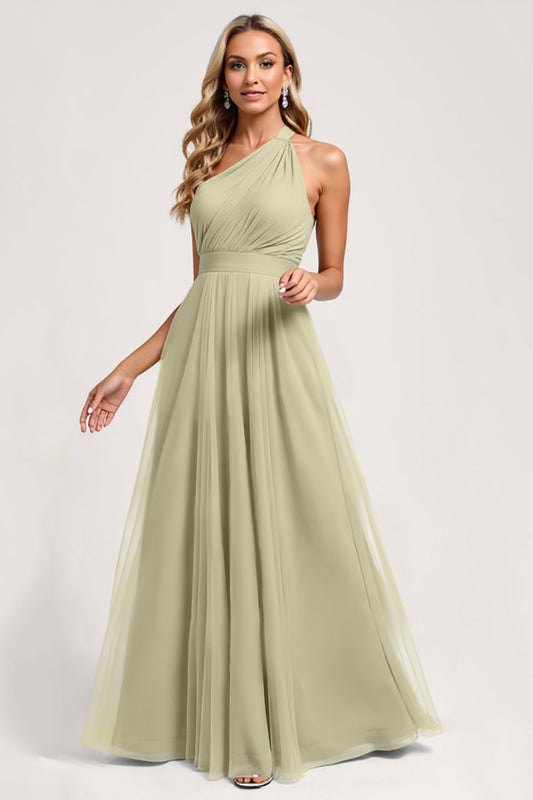 Dusty Sage A Line One Shoulder Tulle Long Bridesmaid Dress