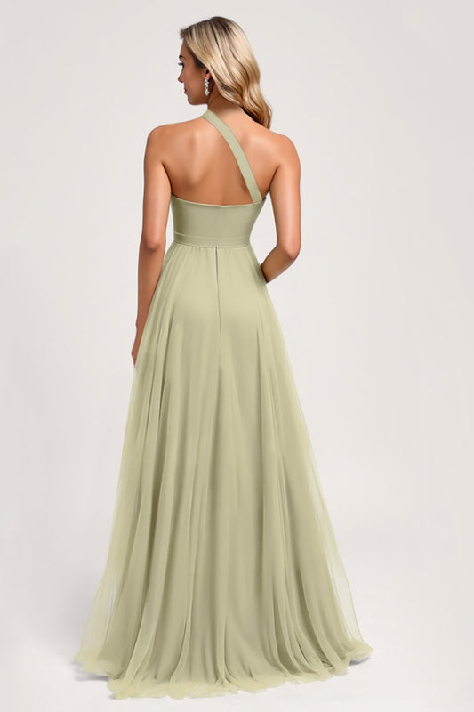 Dusty Sage A Line One Shoulder Tulle Long Bridesmaid Dress