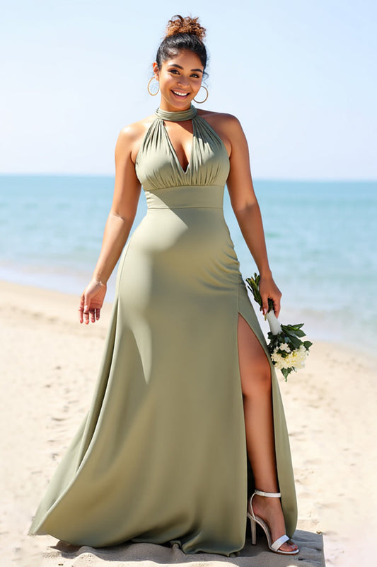 Olive Plus Size Halter Sheath Long Satin Bridesmaid Dress with Slit