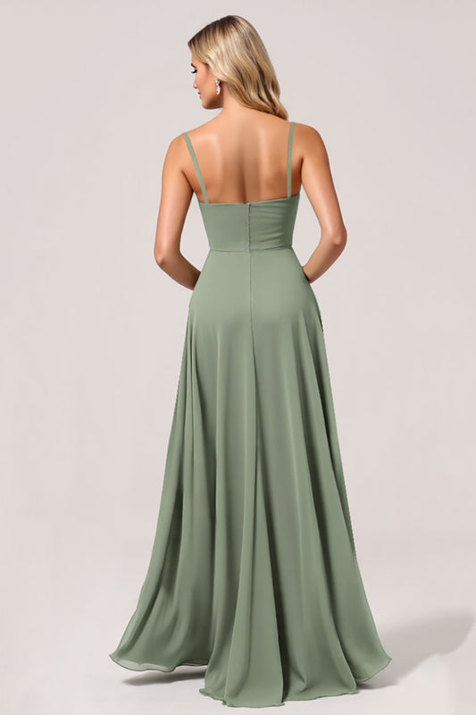 Eucalyptus Chiffon Long A Line Bridesmaid Dress with Slit