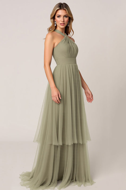 Olive Tulle Tiered Halter Long Tiered Bridesmaid Dress