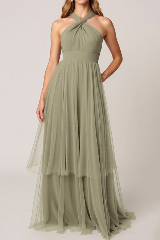 Olive Tulle Tiered Halter Long Tiered Bridesmaid Dress