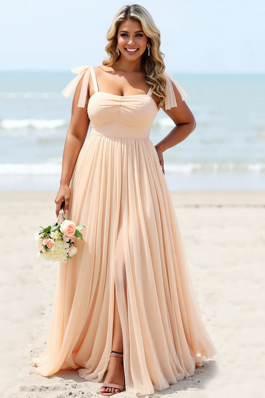 Apricot A Line Chiffon Long Pleated Bridesmaid Dress with Slit
