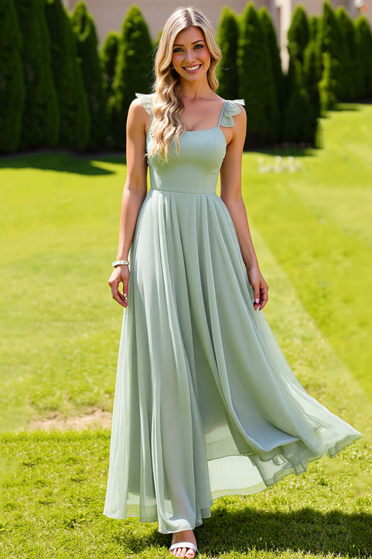 Sage Green Chiffon A Line Spaghetti Straps Long Bridesmaid Dress
