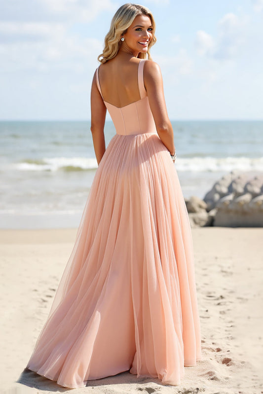 Blush Tulle A Line Square Neck Long Bridesmaid Dress