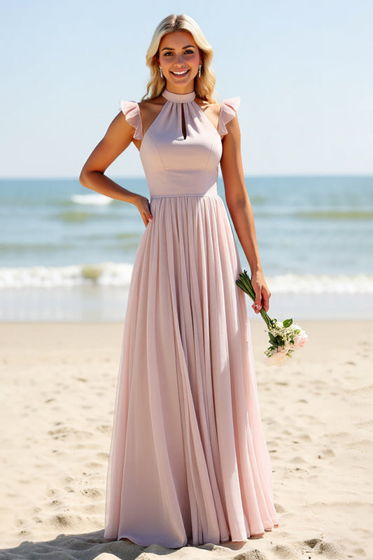Candy Pink A Line Keyhole Long Halter Bridesmaid Dress
