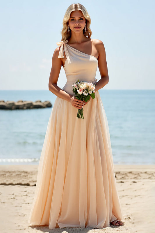 Apricot Tulle One Shoulder Long A Line Bridesmaid Dress