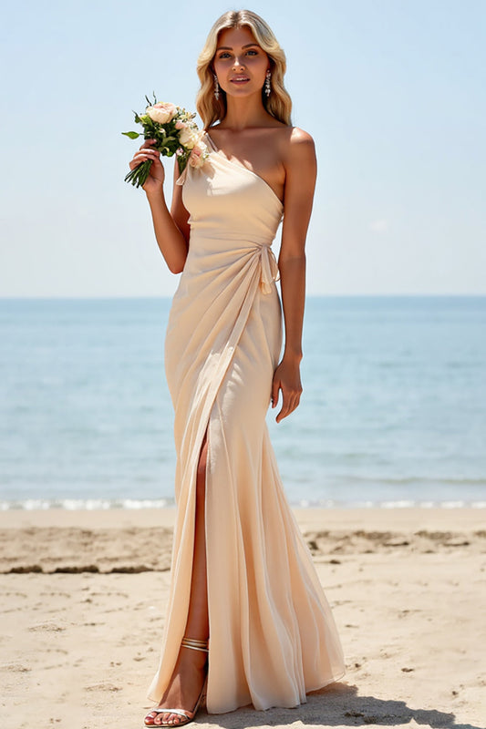 Apricot Sheath One Shoulder Long Ruched Bridesmaid Dress with Slit