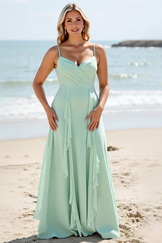 Mint Green Chiffon A Line Long V-Neck Bridesmaid Dress with Ruffles