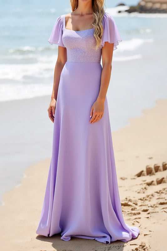 Lilac Satin A Line Square Neck Long Bridesmaid Dress with Beading