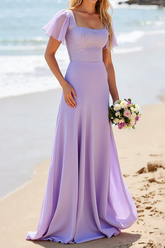 Lilac Satin A Line Square Neck Long Bridesmaid Dress with Beading