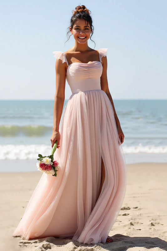 Candy Pink A Line Long Pleated Bridesmaid Dress with Slit