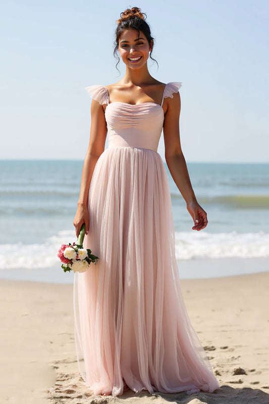 Candy Pink A Line Long Pleated Bridesmaid Dress with Slit