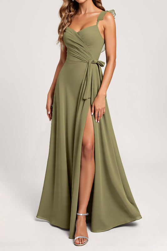 Olive A Line Chiffon Long Ruffled Bridesmaid Dress with Slit