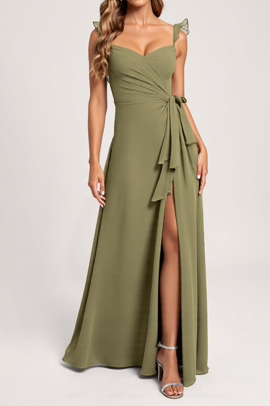 Olive A Line Chiffon Long Ruffled Bridesmaid Dress with Slit
