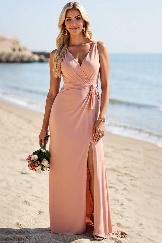 Blush Satin Sheath V-Neck Long Ruched Bridesmaid Dress with Slit