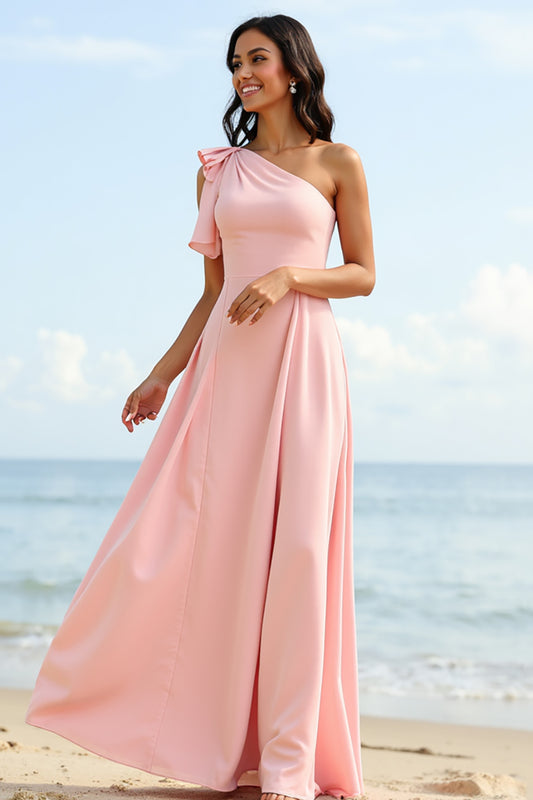 Blush One Shoulder Boho Long Bridesmaid Dress with Ruffles