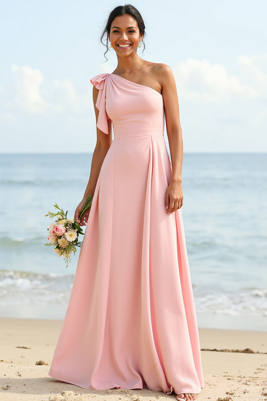 Blush One Shoulder Boho Long Bridesmaid Dress with Ruffles