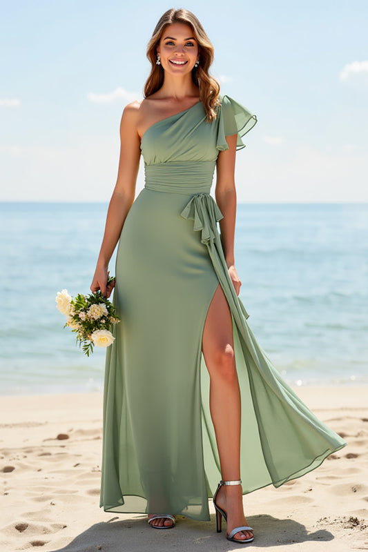 Dusty Sage Sheath Chiffon Boho Long Bridesmaid Dress with Slit