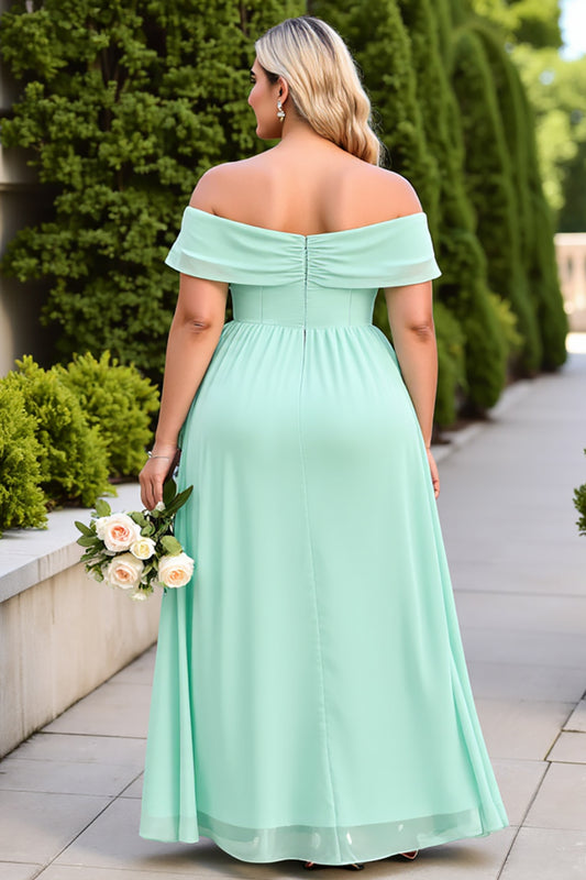 Mint Green A-Line Chiffon Plus Size Long Bridesmaid Dress with Slit