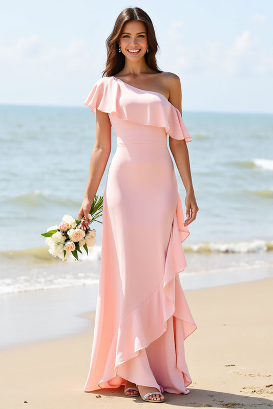 Candy Pink Sheath Boho Long Bridesmaid Dress with Ruffles