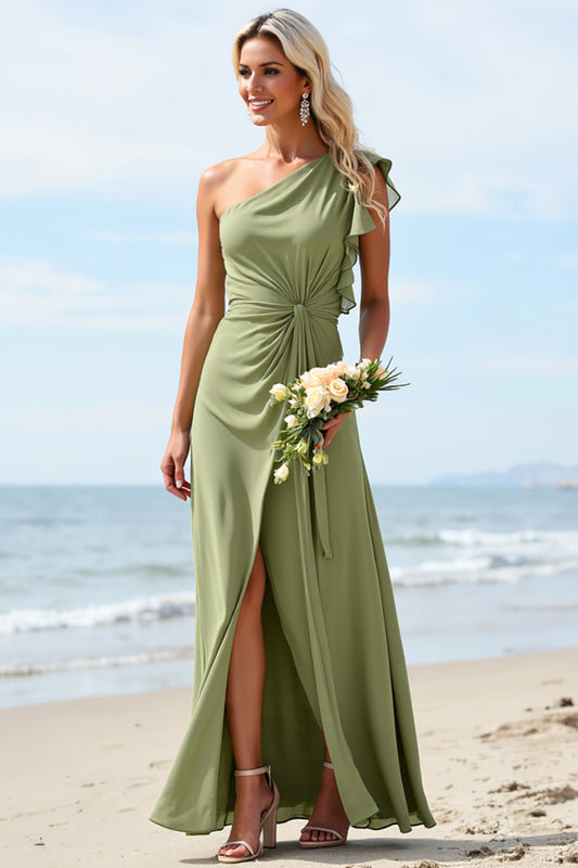 Sheath Chiffon Dusty Sage Boho Long Rufffled Bridesmaid Dress with Slit