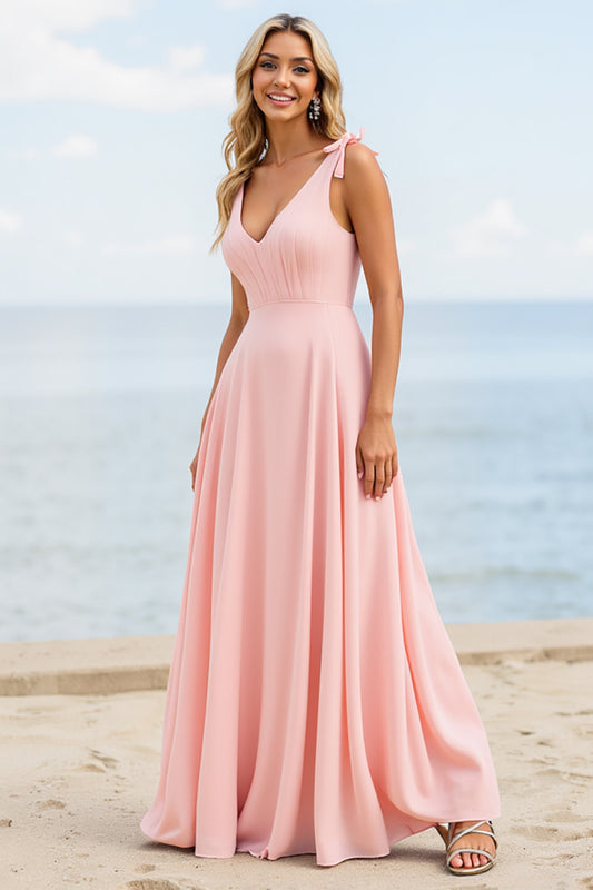 Candy Pink Boho Long Bridesmaid Dress with Bows