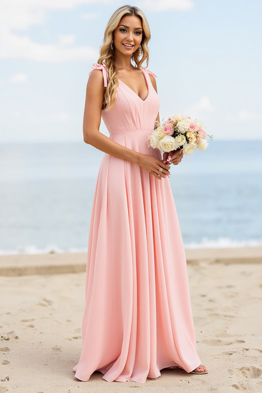 Candy Pink Boho Long Bridesmaid Dress with Bows