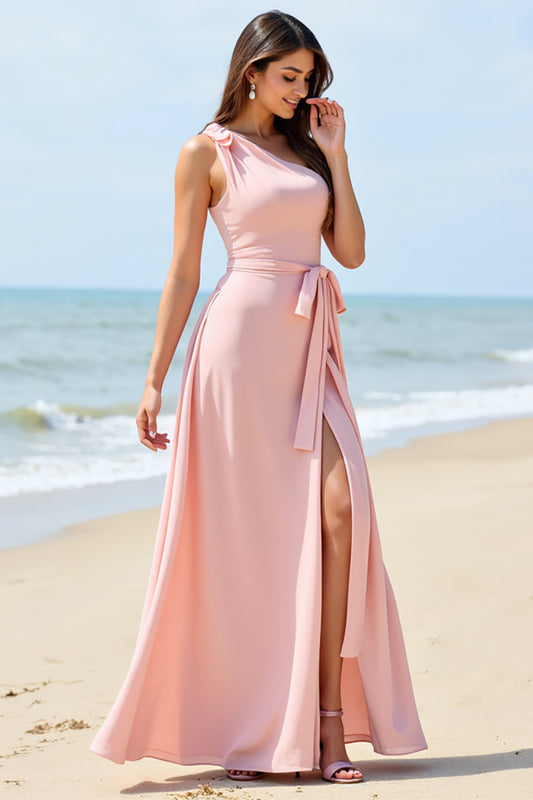 One Shoulder Candy Pink Chiffon Boho Long Bridesmaid Dress with Slit