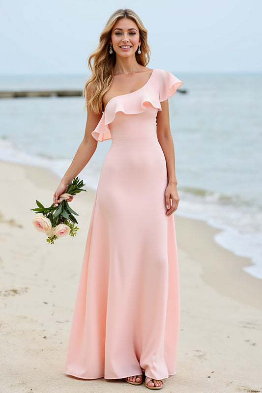 Candy Pink Boho Long Bridesmaid Dress with Ruffles