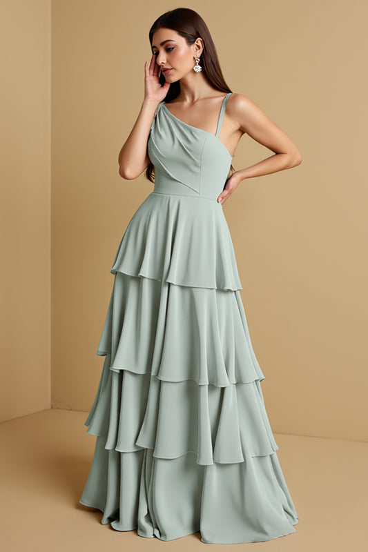 One Shoulder Tiered Sage Green Long Bridesmaid Dress with Ruffles