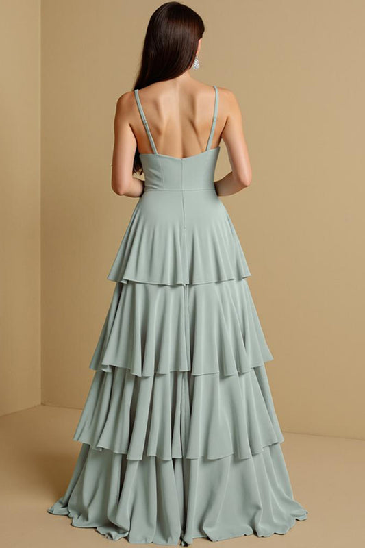 One Shoulder Tiered Sage Green Long Bridesmaid Dress with Ruffles