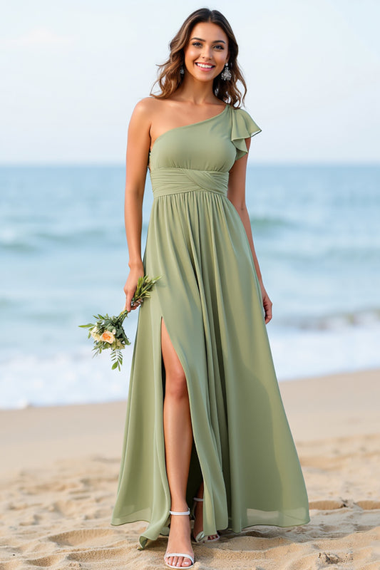 One Shoulder Chiffon Dusty Sage Boho Long Bridesmaid Dress with Slit