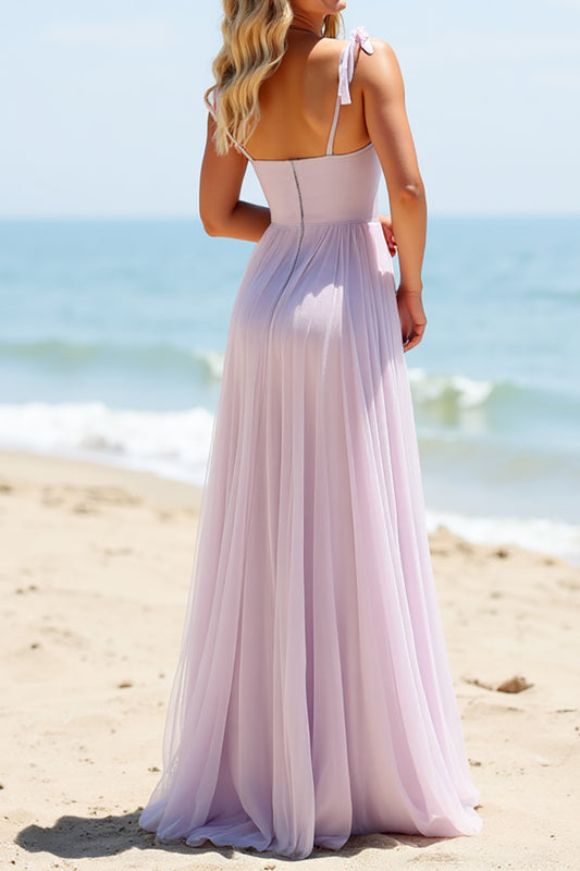 Lilac Chiffon A-Line Spaghetti Straps Boho Long Bridesmaid Dress