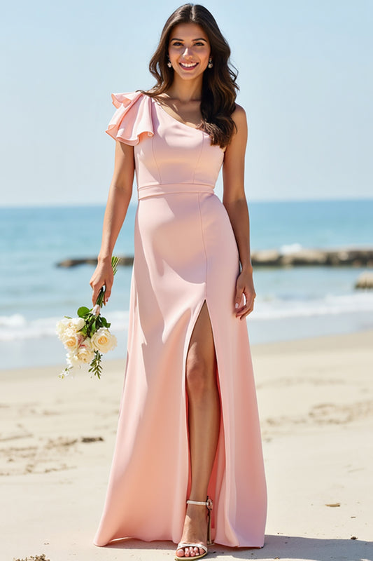 Satin Blush Boho Long Ruffled Bridesmaid Dress with Slit