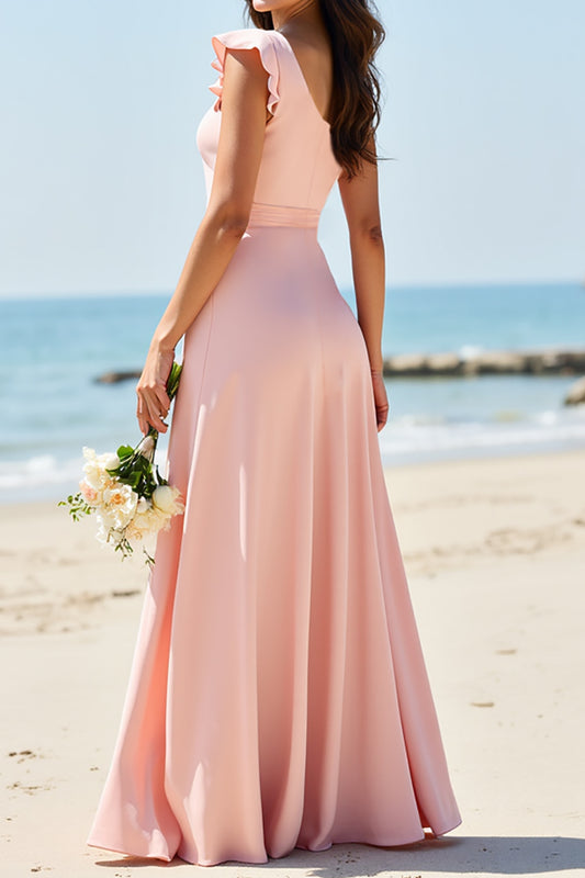 Satin Blush Boho Long Ruffled Bridesmaid Dress with Slit