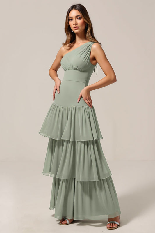 Sage Green Chiffon Tiered Boho Long Bridesmaid Dress with Ruffles