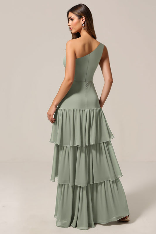Sage Green Chiffon Tiered Boho Long Bridesmaid Dress with Ruffles