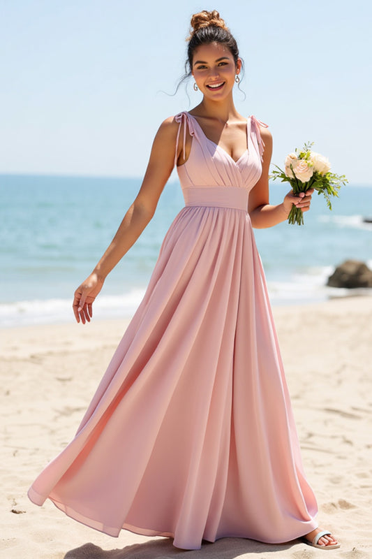 V-Neck Candy Pink Boho Long Bridesmaid Dress with Pleats