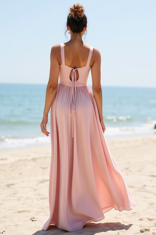 V-Neck Candy Pink Boho Long Bridesmaid Dress with Pleats
