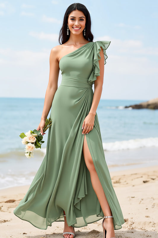 Ruffled Chiffon Dusty Sage Long Boho Bridesmaid Dress with Slit