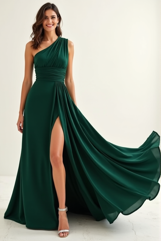 Ruched Boho Dark Green Long Bridesmaid Dress with Slit