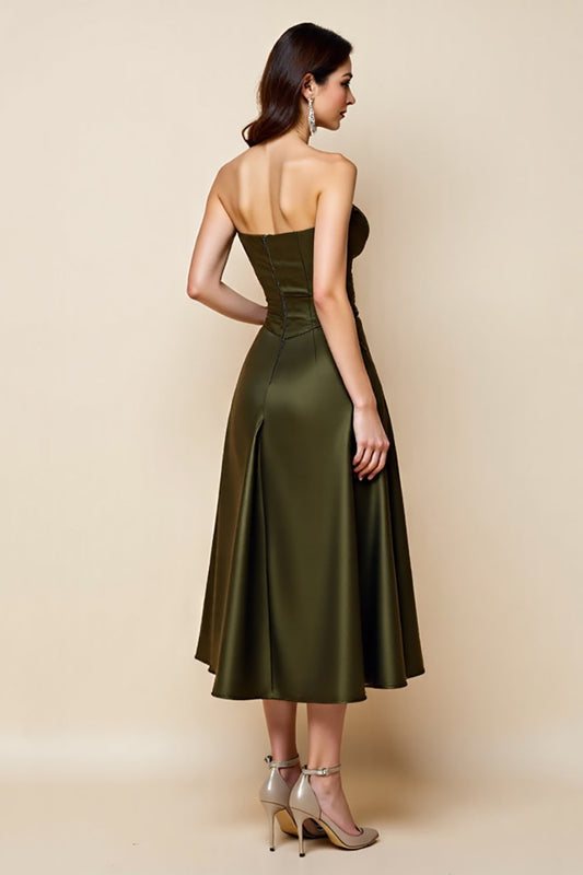 Olive Satin A Line Strapless Midi Keyhole Homecoming Dress