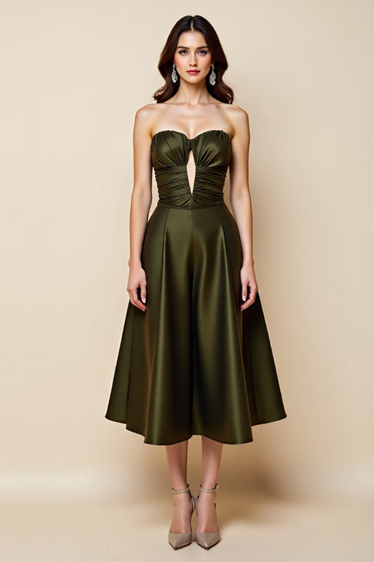 Olive Satin A Line Strapless Midi Keyhole Homecoming Dress