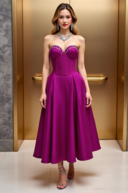 Fuchsia Corset A Line Satin Midi Sweetheart Cocktail Dress with Beading